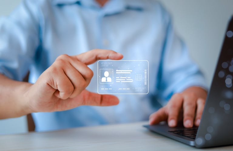 Close-up of man holding ID card, technology and innovation concept