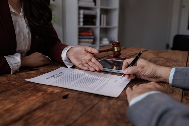 Notary with client in office, lawyer or judge counselor having team meeting with client, Law and Legal services concept