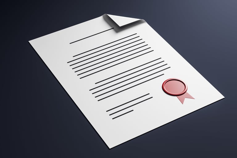Official document with stylized lines and red seal, isolated design style on dark gradient background. Concept of legal, formal, or certified template. 3D Rendering.