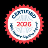 Red and white certified notary signing agent badge for 2026