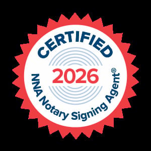 Red and white certified notary signing agent badge for 2026