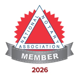 National Notary Association Member badge for 2026 with red star burst and triangular design