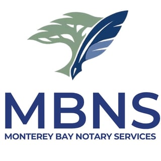 Monterey Bay Notary Services logo with green cypress tree and blue feather icon above navy text