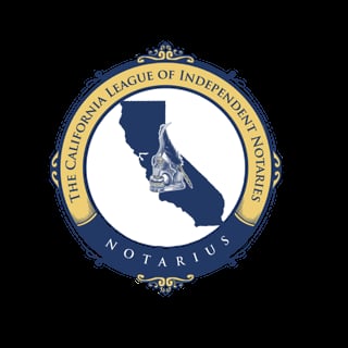 California League of Independent Notarios seal featuring state map on dark blue circular badge with gold trim