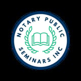 Notary Public Seminars Inc. circular logo with open book and laurel wreath in green on white background with dark blue border