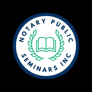 Notary Public Seminars Inc. circular logo with open book and laurel wreath in green on white background with dark blue border