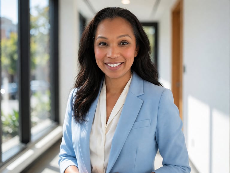 Professional portrait of a smiling woman in a light blue blazer and white shirt standing in a bright hallway with windows